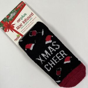 Air Plus Moisturizing Socks Sz 5-11 Aloe Vitamin E Infused Black Christmas Santa